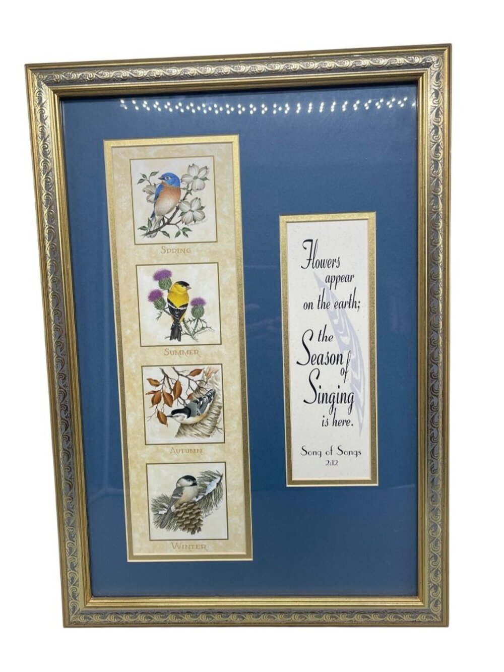 seasons gold framed print art work birds song of songs 2:12 blue 22x15.5" READ